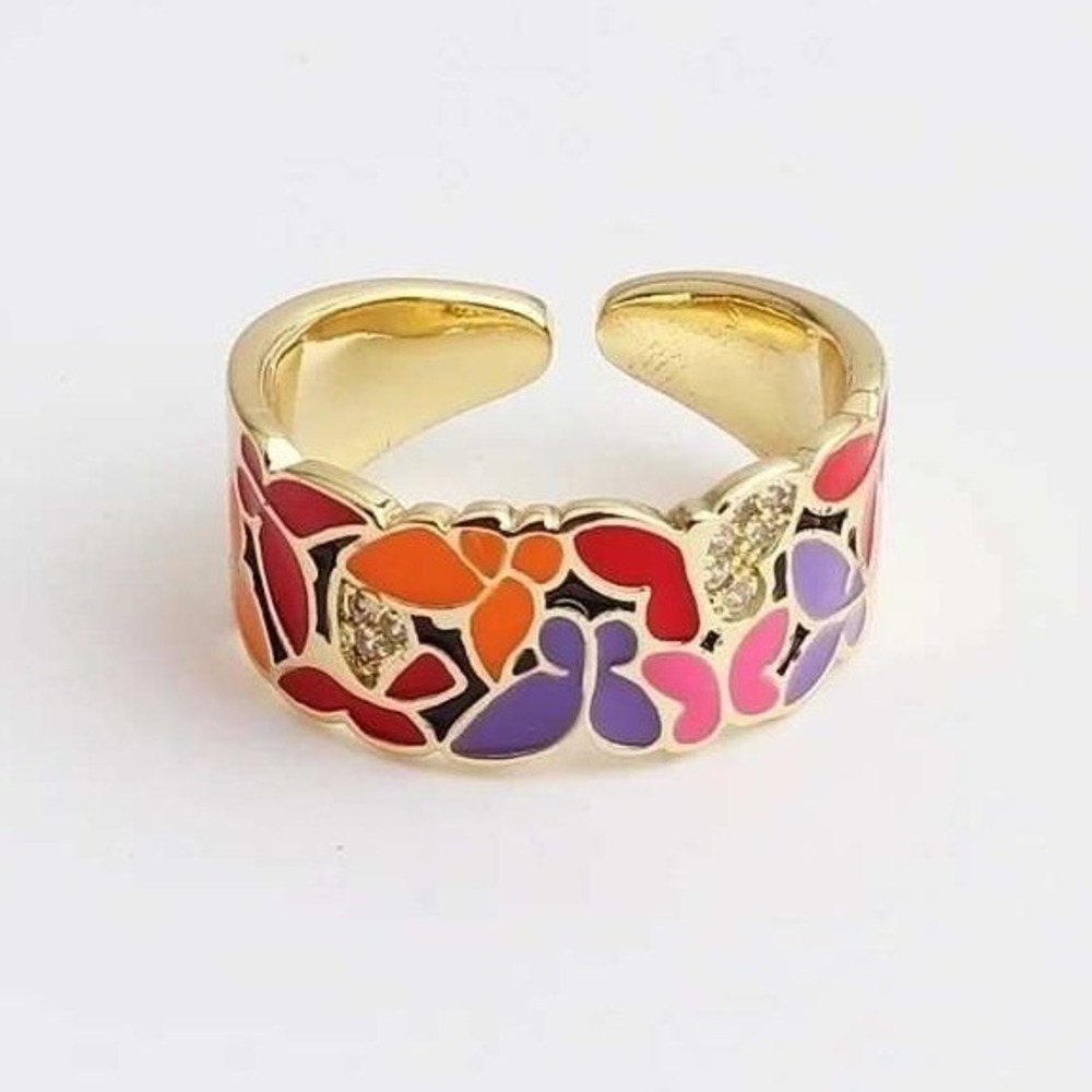 Gold Tone‎ Enamel Butterfly Ring Adjustable Open Band Women Multicolor